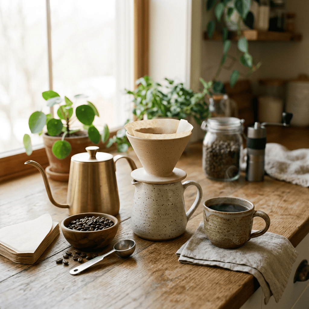 Pour-over coffee setup with dripper, beans, kettle, and cup